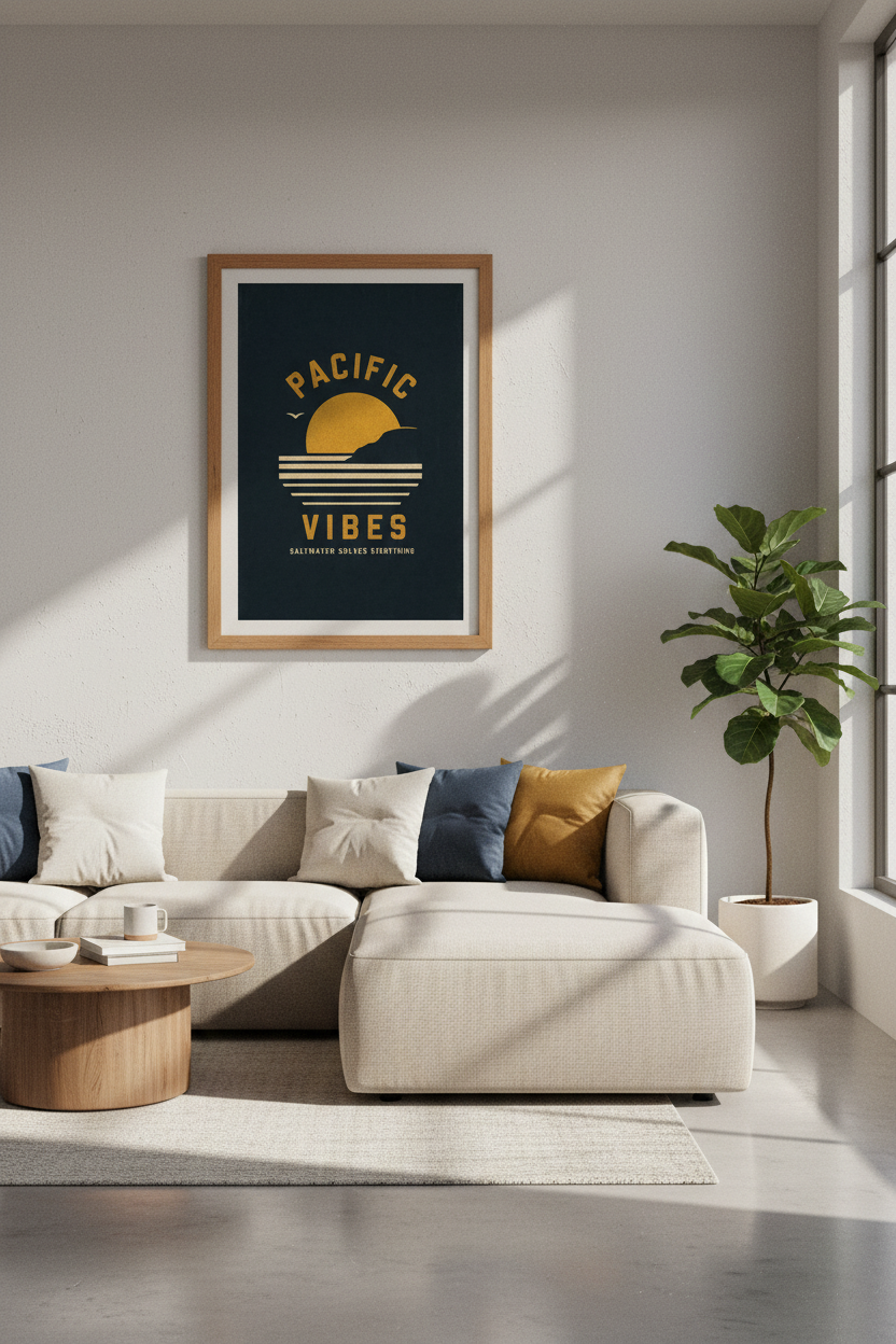 Pacific Vibes Sunset Wall Art | Navy &amp; Gold Coastal Print, Beach House Decor