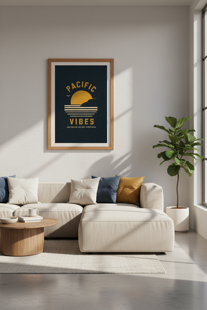 Pacific Vibes Sunset Wall Art | Navy &amp; Gold Coastal Print, Beach House Decor