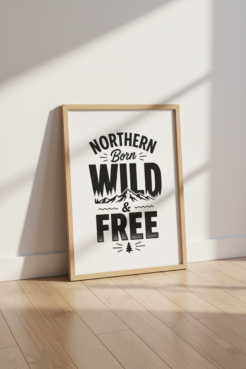 Northern Born Wild and Free Wall Art Print | Cabin Decor | Mountain Poster