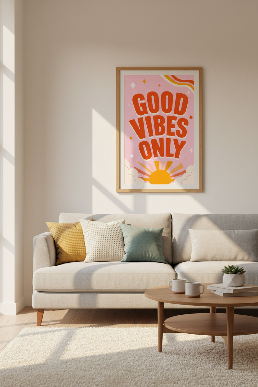 Good Vibes Only Retro Quote Wall Art | Pink Dorm Decor | Groovy Poster