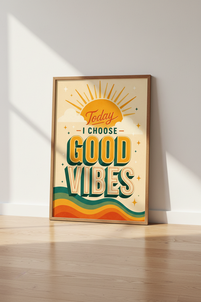 Good Vibes Motivational Art | Retro Sun Typography, Office Bedroom Decor