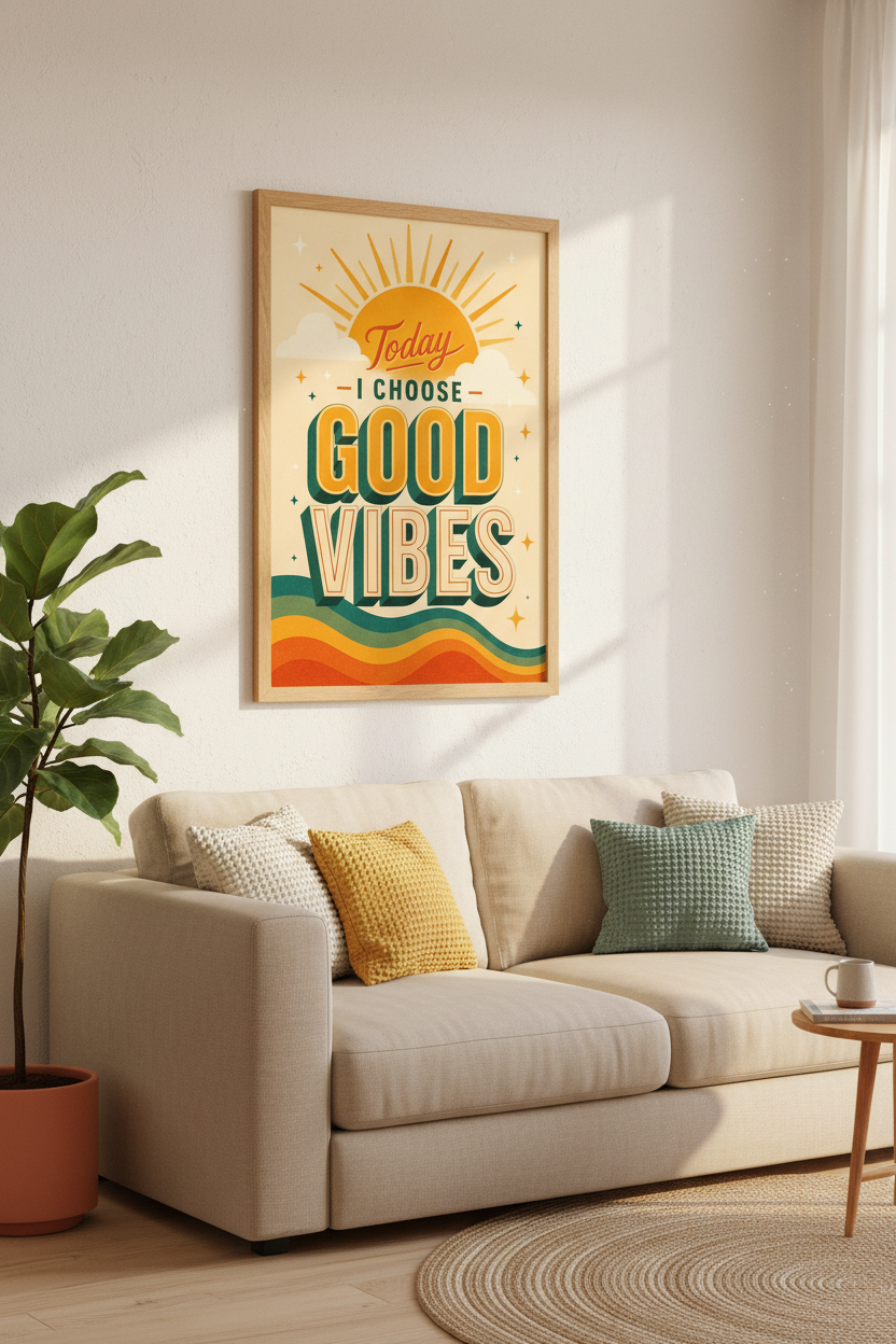 Good Vibes Motivational Art | Retro Sun Typography, Office Bedroom Decor