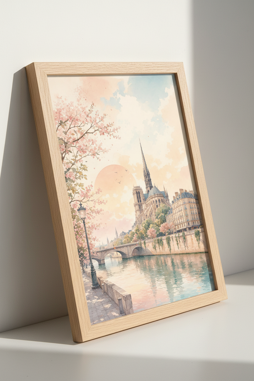 Notre Dame Paris Watercolor Art | Pastel Cherry Blossom Poster, Living Room Wall Decor