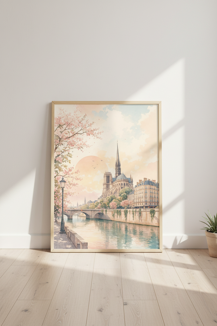 Notre Dame Paris Watercolor Art | Pastel Cherry Blossom Poster, Living Room Wall Decor