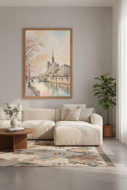 Notre Dame Paris Watercolor Art | Pastel Cherry Blossom Poster, Living Room Wall Decor