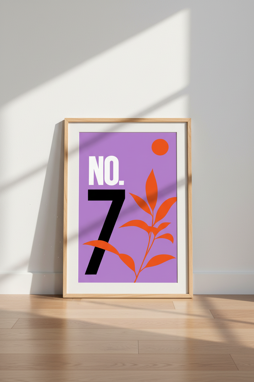 Modern Number 7 Wall Art Print | Purple Orange Botanical Decor | Minimalist Poster