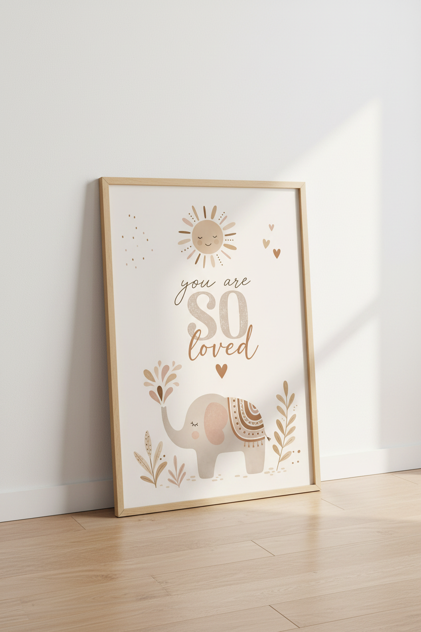 Boho Elephant You Are So Loved Wall Art | Neutral Nursery Decor | Earthy Kids Poster