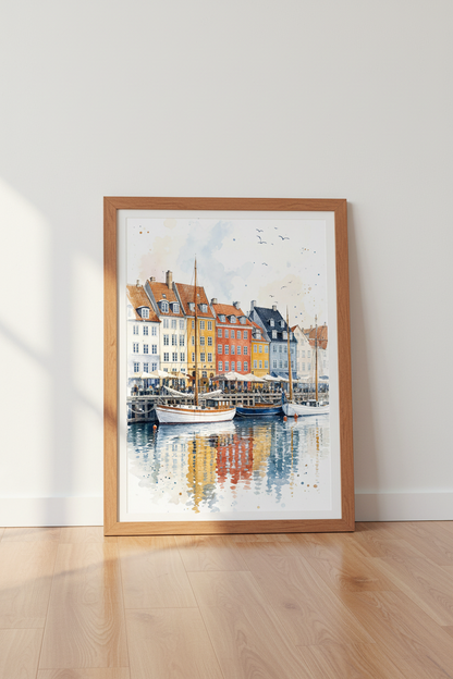 Copenhagen Nyhavn Harbor Watercolor | Travel Poster, Scandinavian Wall Art