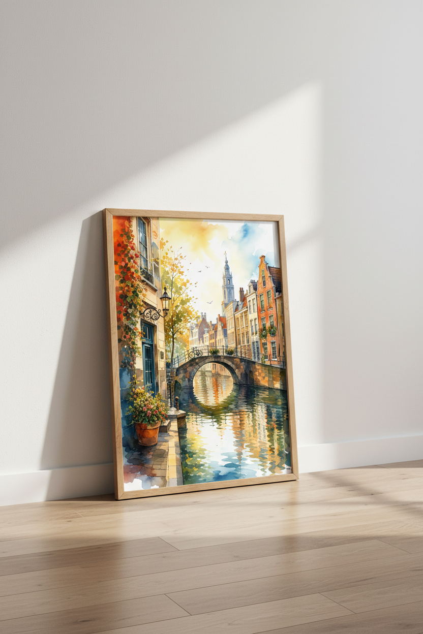 Amsterdam Canal Watercolor Print | Dutch Landscape Art | European City Travel Poster
