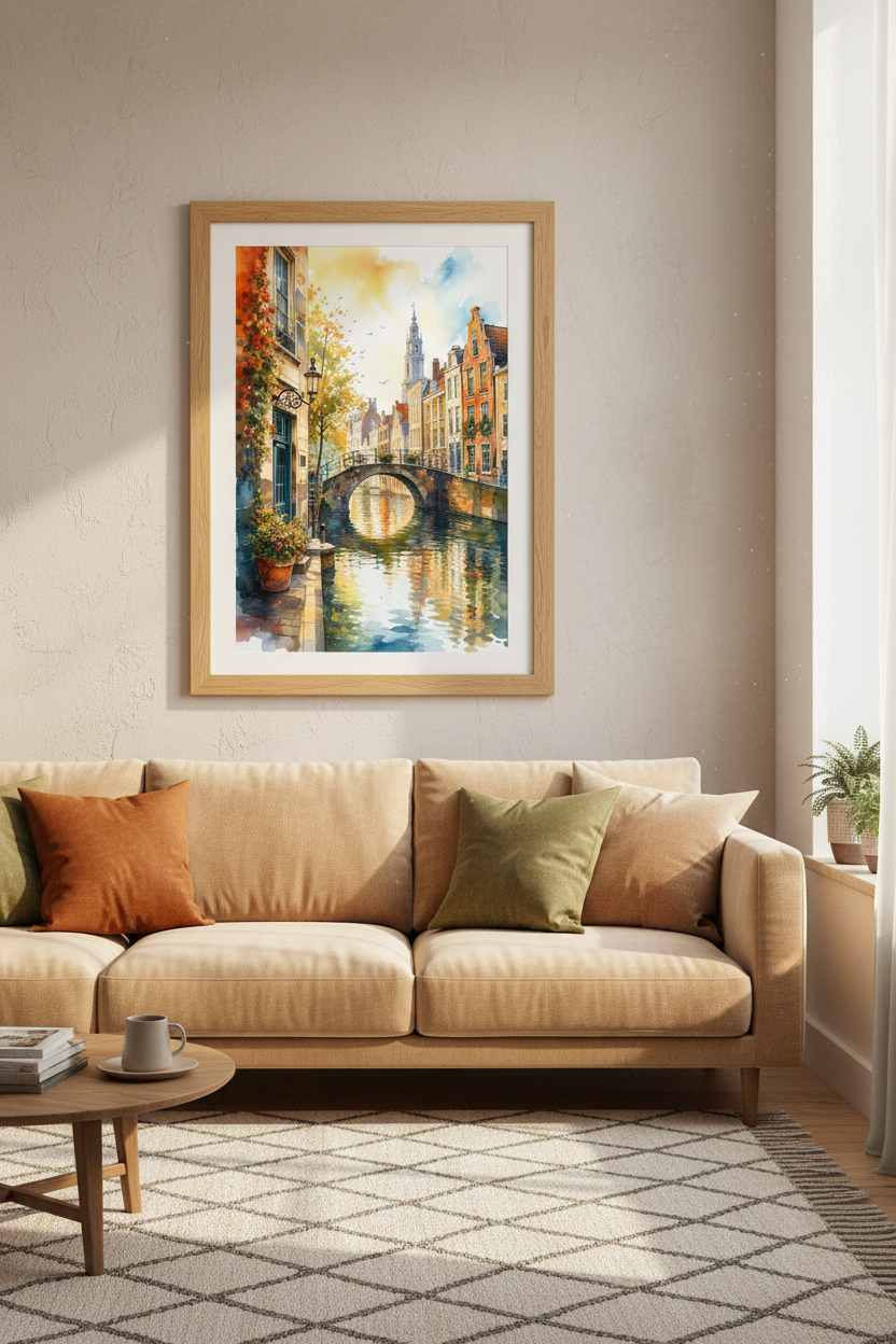 Amsterdam Canal Watercolor Print | Dutch Landscape Art | European City Travel Poster