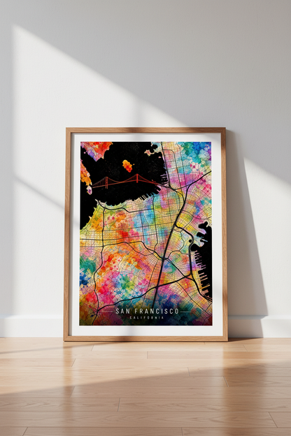 San Francisco City Map Art | Watercolor Rainbow Print, Golden Gate Bridge Decor