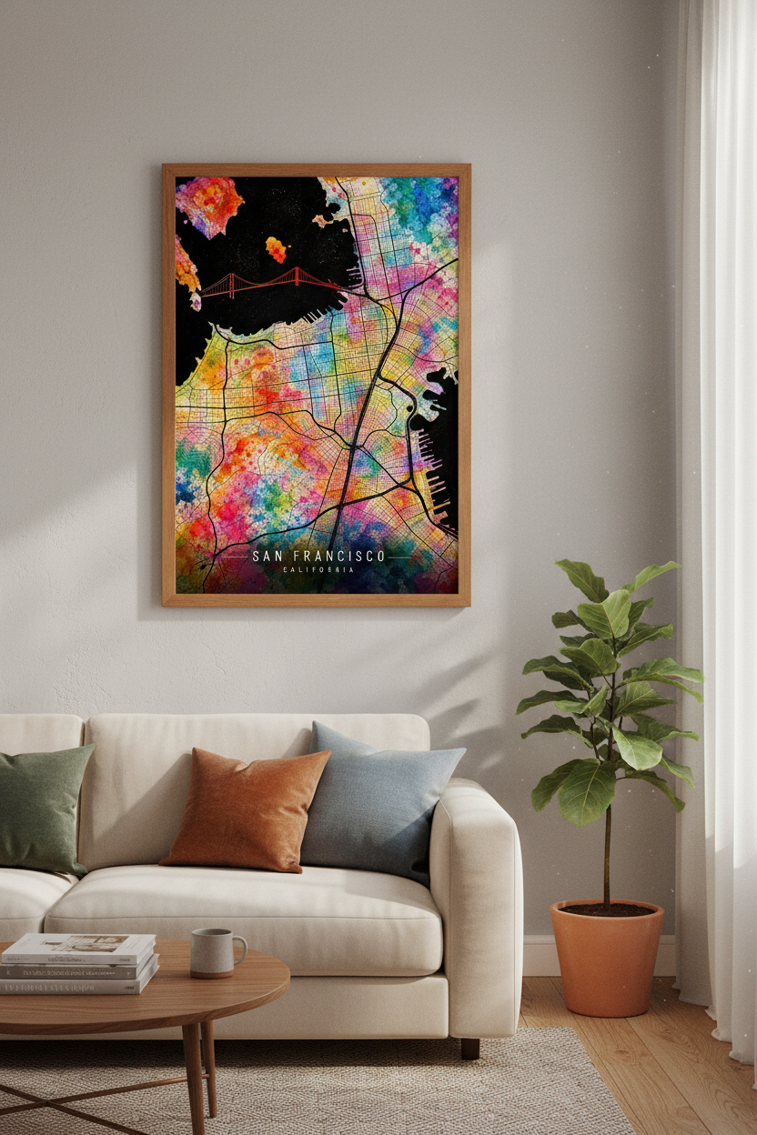 San Francisco City Map Art | Watercolor Rainbow Print, Golden Gate Bridge Decor