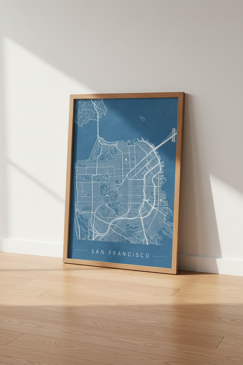 San Francisco City Map Blueprint | Navy Blue Office Decor | Minimalist Poster