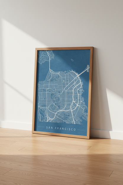 San Francisco City Map Blueprint | Navy Blue Office Decor | Minimalist Poster