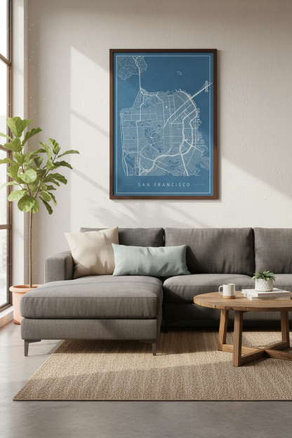 San Francisco City Map Blueprint | Navy Blue Office Decor | Minimalist Poster