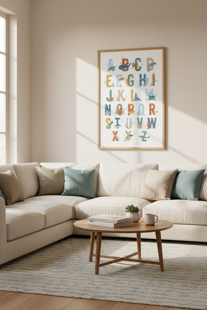 Ocean Alphabet Wall Art | Sea Animal Nursery Decor | Coastal Kids Classroom Poster