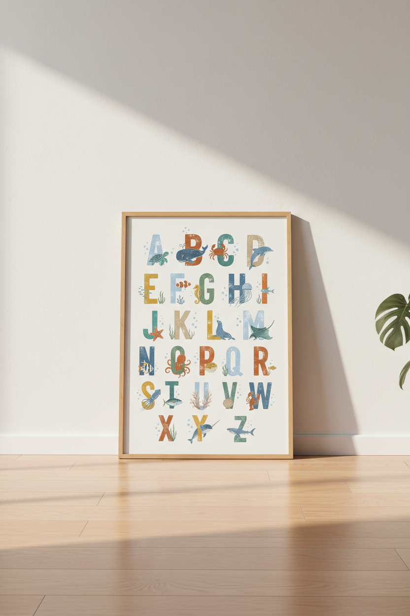 Ocean Alphabet Wall Art | Sea Animal Nursery Decor | Coastal Kids Classroom Poster