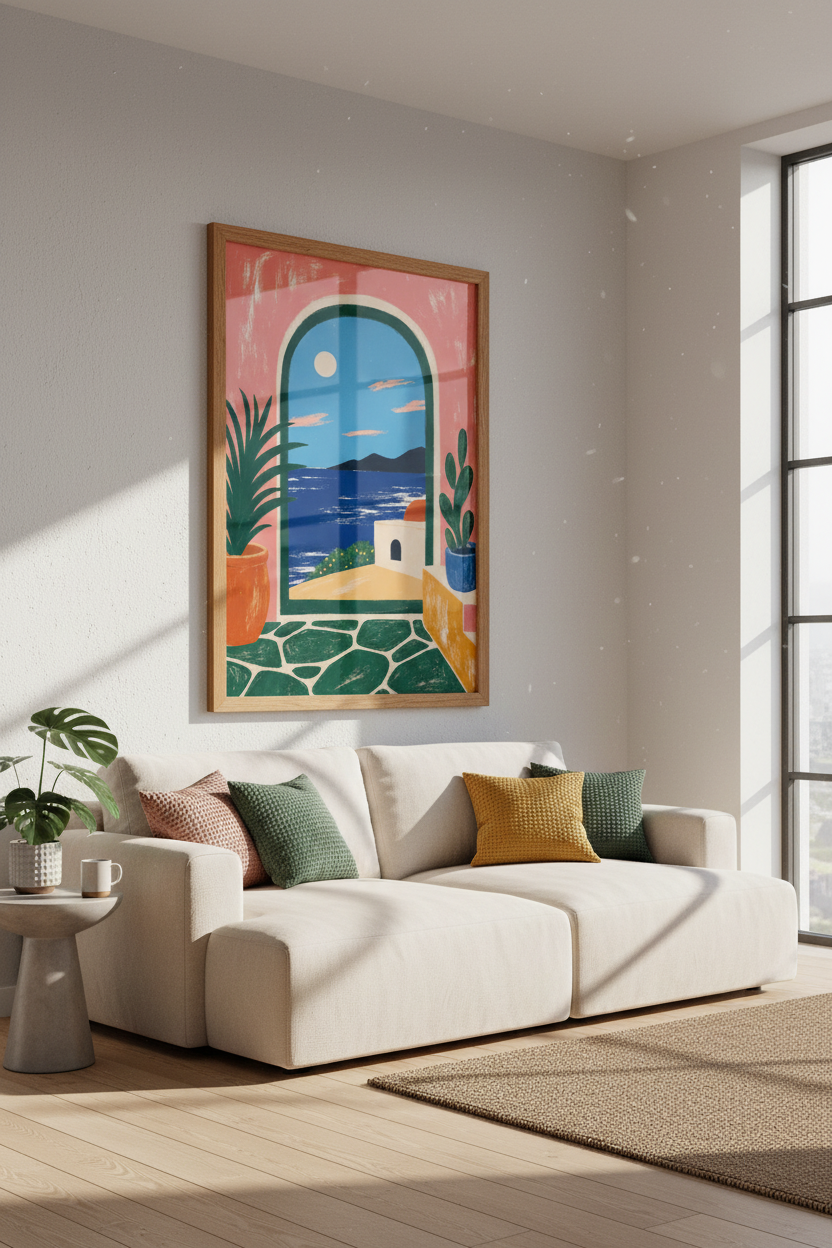 Mediterranean View | Boho Coastal Pink Wall Art, Greek Summer Landscape Poster