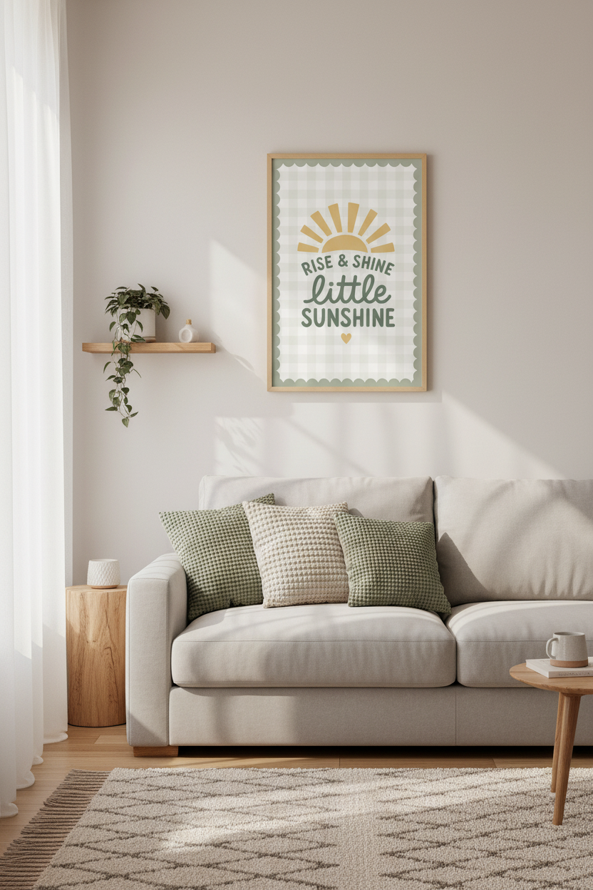 Rise &amp; Shine Little Sunshine Wall Art | Nursery Decor | Sage Green Sun Poster