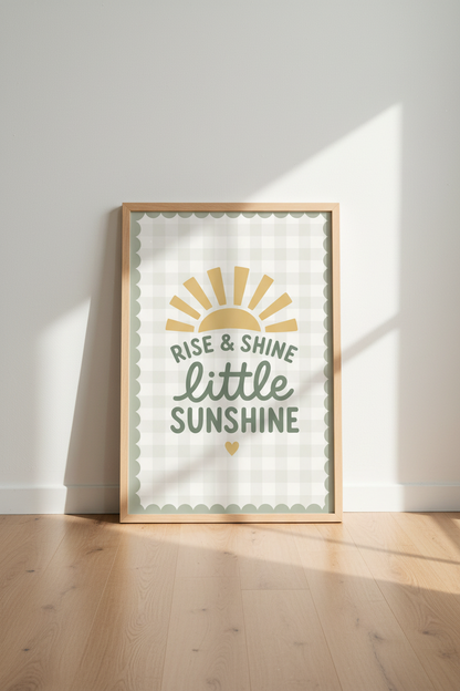 Rise &amp; Shine Little Sunshine Wall Art | Nursery Decor | Sage Green Sun Poster