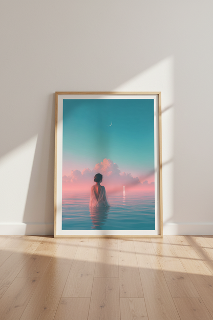 Ethereal Woman in Ocean Sunset | Surreal Pastel Pink &amp; Teal, Dreamy Bedroom Decor