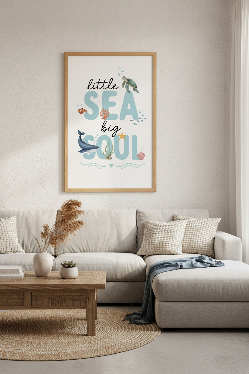 Little Sea Big Soul Wall Art | Watercolor Ocean Nursery Decor | Coastal Kids Poster
