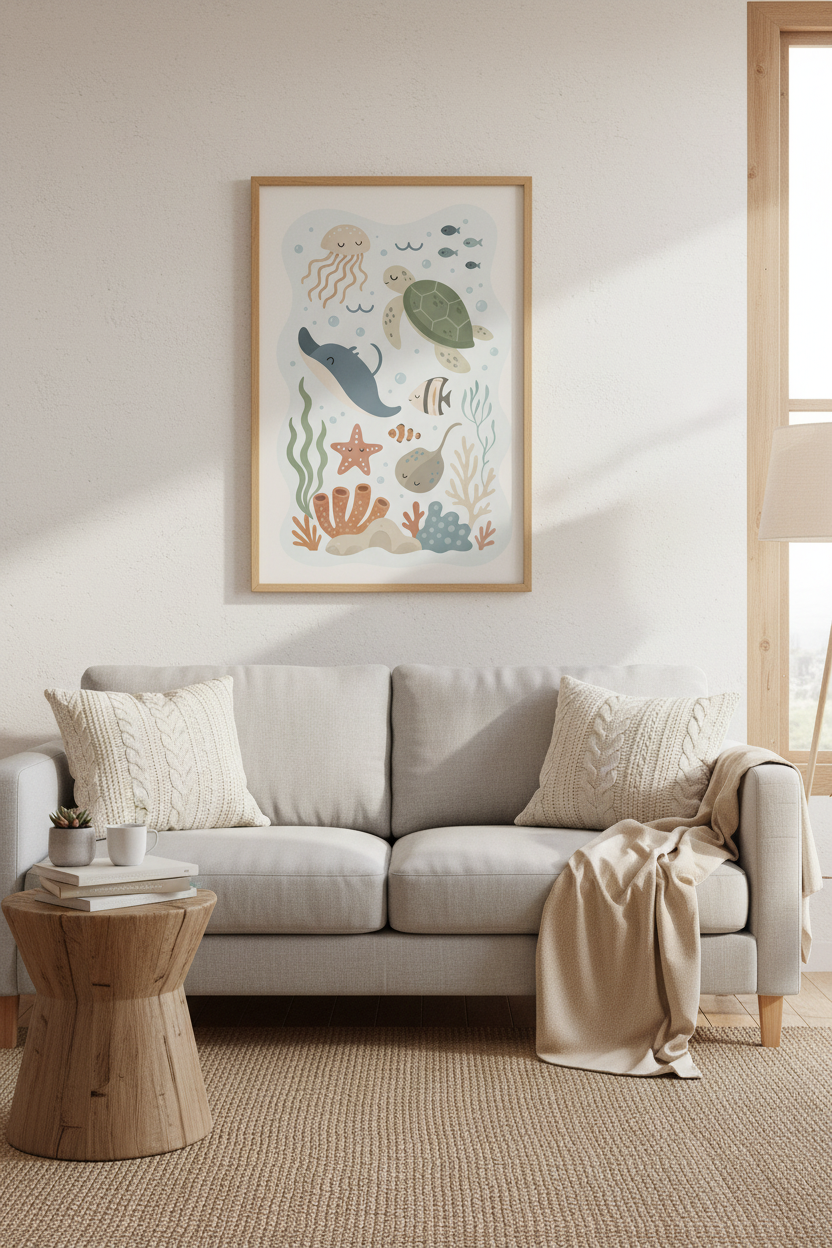 Sea Creatures Nursery Art | Calm Ocean Animals, Kids Playroom Decor