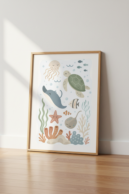 Sea Creatures Nursery Art | Calm Ocean Animals, Kids Playroom Decor