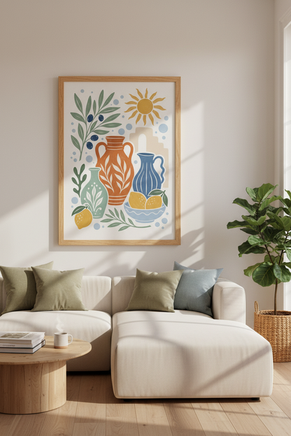 Mediterranean Pottery | Lemon &amp; Olive Branch Print, Boho Kitchen Wall Art