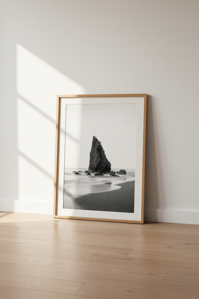 Black and White Ocean Rock Wall Art | Coastal Living Room Decor | Minimalist Sea Poster