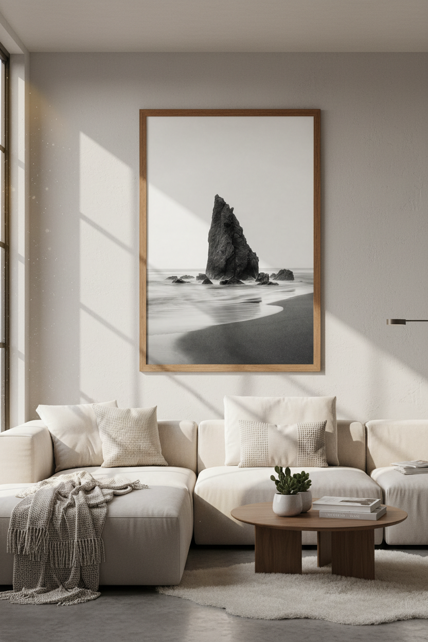 Black and White Ocean Rock Wall Art | Coastal Living Room Decor | Minimalist Sea Poster