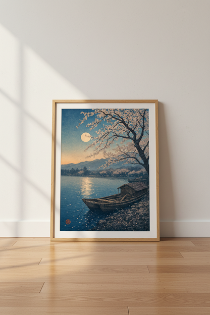 Japanese Cherry Blossom Wall Art | Ukiyo-e Moon Lake Poster, Zen Decor