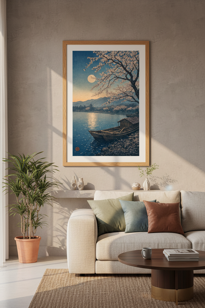 Japanese Cherry Blossom Wall Art | Ukiyo-e Moon Lake Poster, Zen Decor