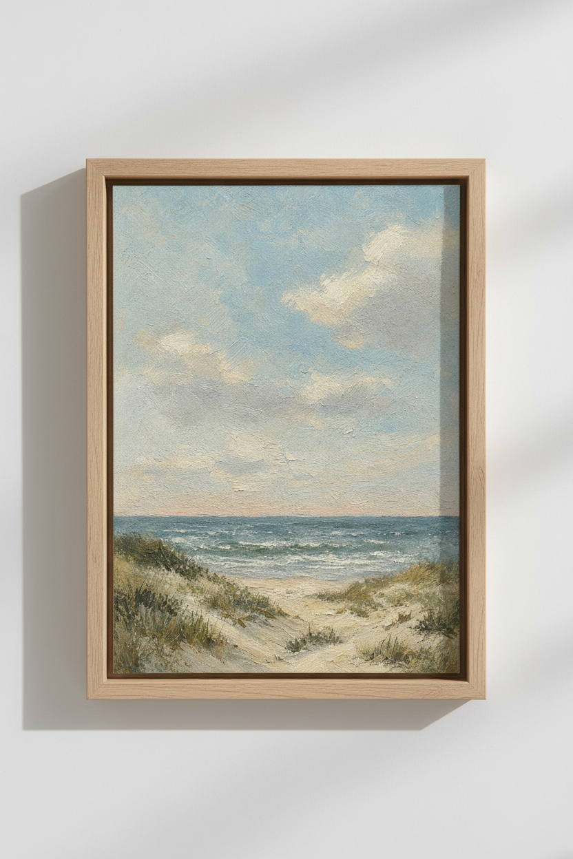 Coastal Oil Painting Print | Beach Sand Dunes Wall Art, Serene Blue Ocean Decor Poster
