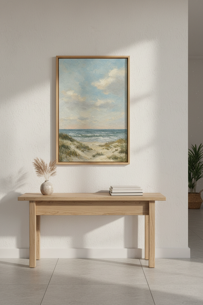 Coastal Oil Painting Print | Beach Sand Dunes Wall Art, Serene Blue Ocean Decor Poster