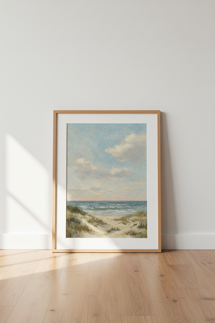 Coastal Oil Painting Print | Beach Sand Dunes Wall Art, Serene Blue Ocean Decor Poster