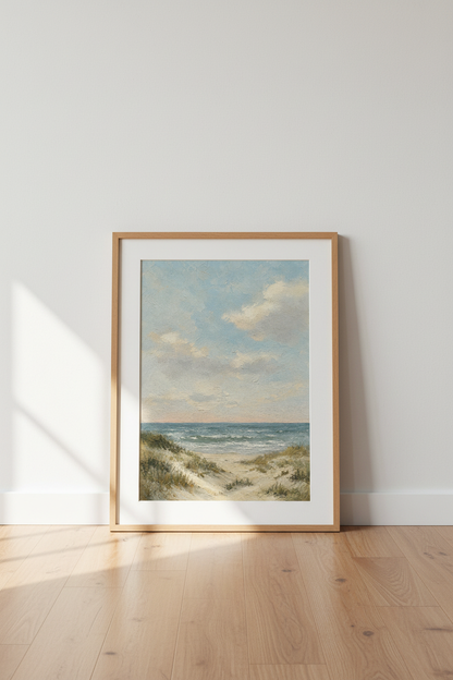 Coastal Oil Painting Print | Beach Sand Dunes Wall Art, Serene Blue Ocean Decor Poster