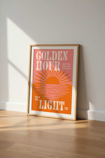Golden Hour Retro Sunset Wall Art | Pink &amp; Orange Modern Decor | Boho Typography Poster