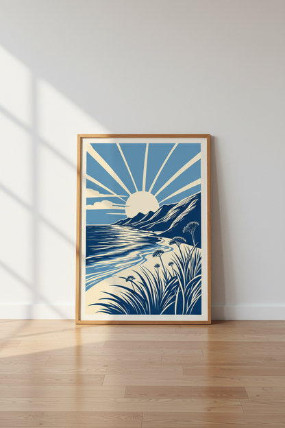 Beach Sunset Wall Art | Blue Coastal Landscape Print, Minimalist Modern Room Decor
