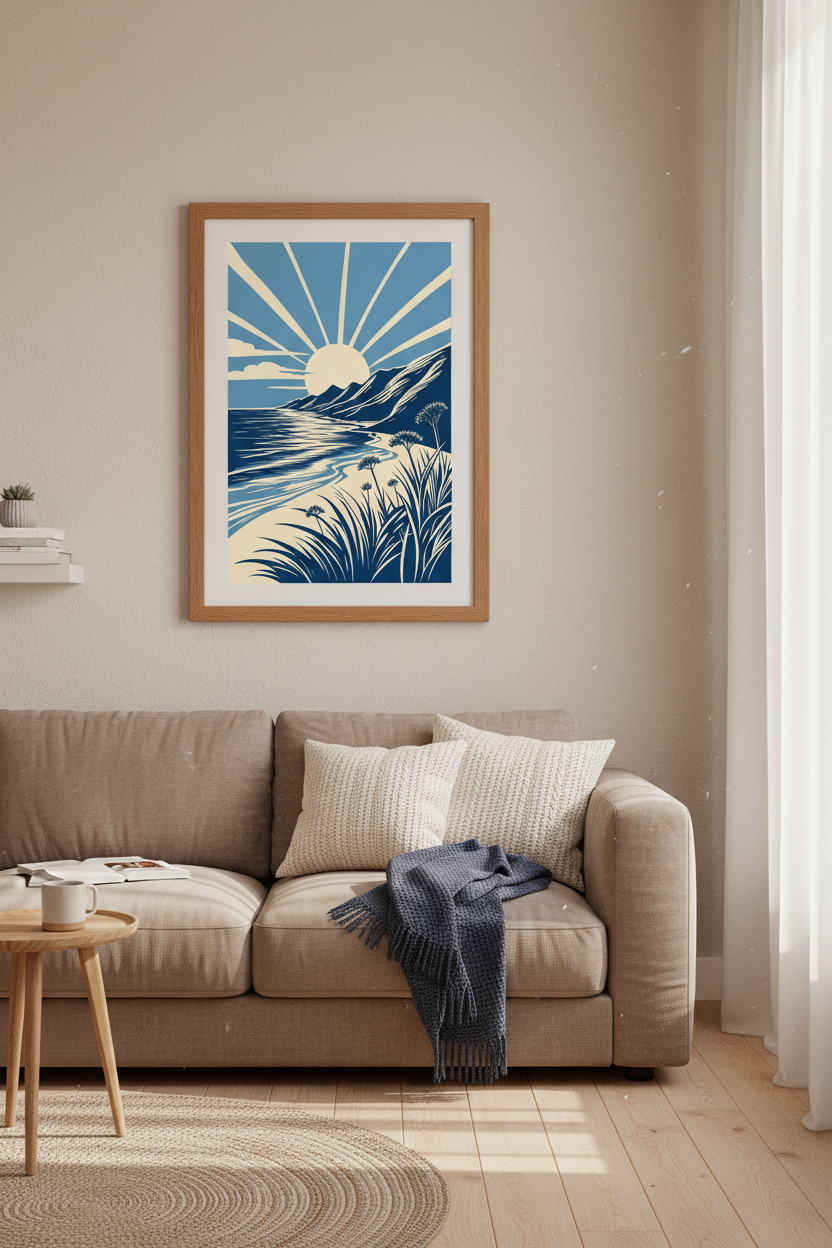 Beach Sunset Wall Art | Blue Coastal Landscape Print, Minimalist Modern Room Decor