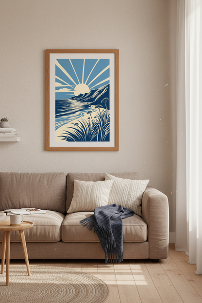 Beach Sunset Wall Art | Blue Coastal Landscape Print, Minimalist Modern Room Decor