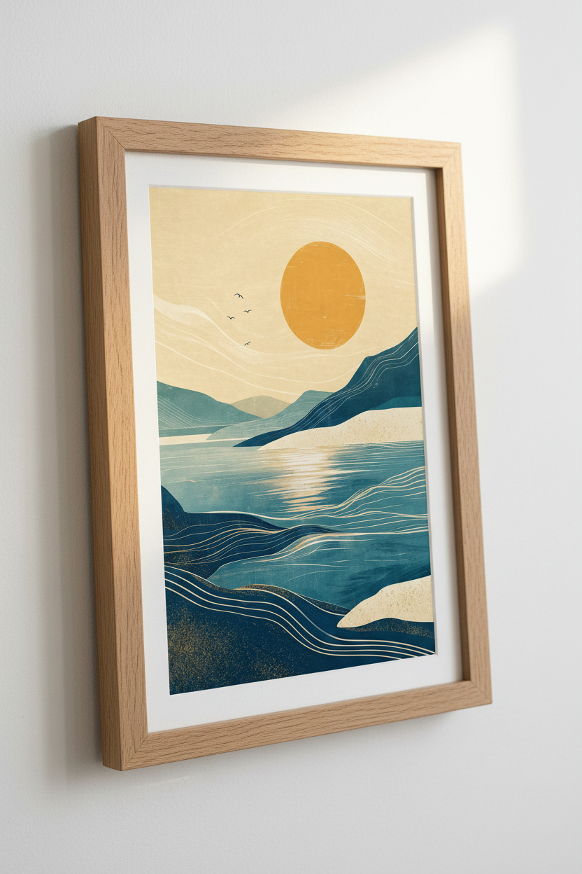 Abstract Mountain Lake Landscape | Teal &amp; Gold Nature Print, Modern Living Room Decor