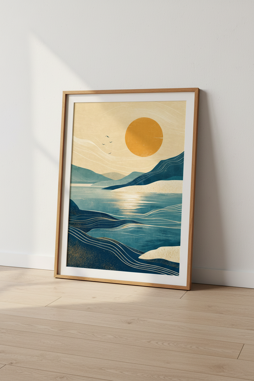 Abstract Mountain Lake Landscape | Teal &amp; Gold Nature Print, Modern Living Room Decor
