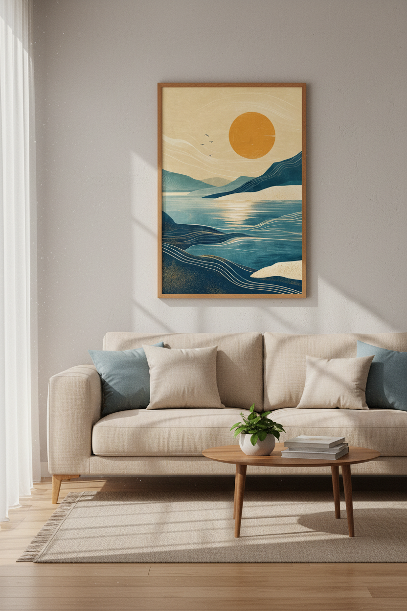 Abstract Mountain Lake Landscape | Teal &amp; Gold Nature Print, Modern Living Room Decor