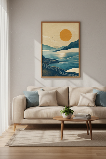 Abstract Mountain Lake Landscape | Teal &amp; Gold Nature Print, Modern Living Room Decor