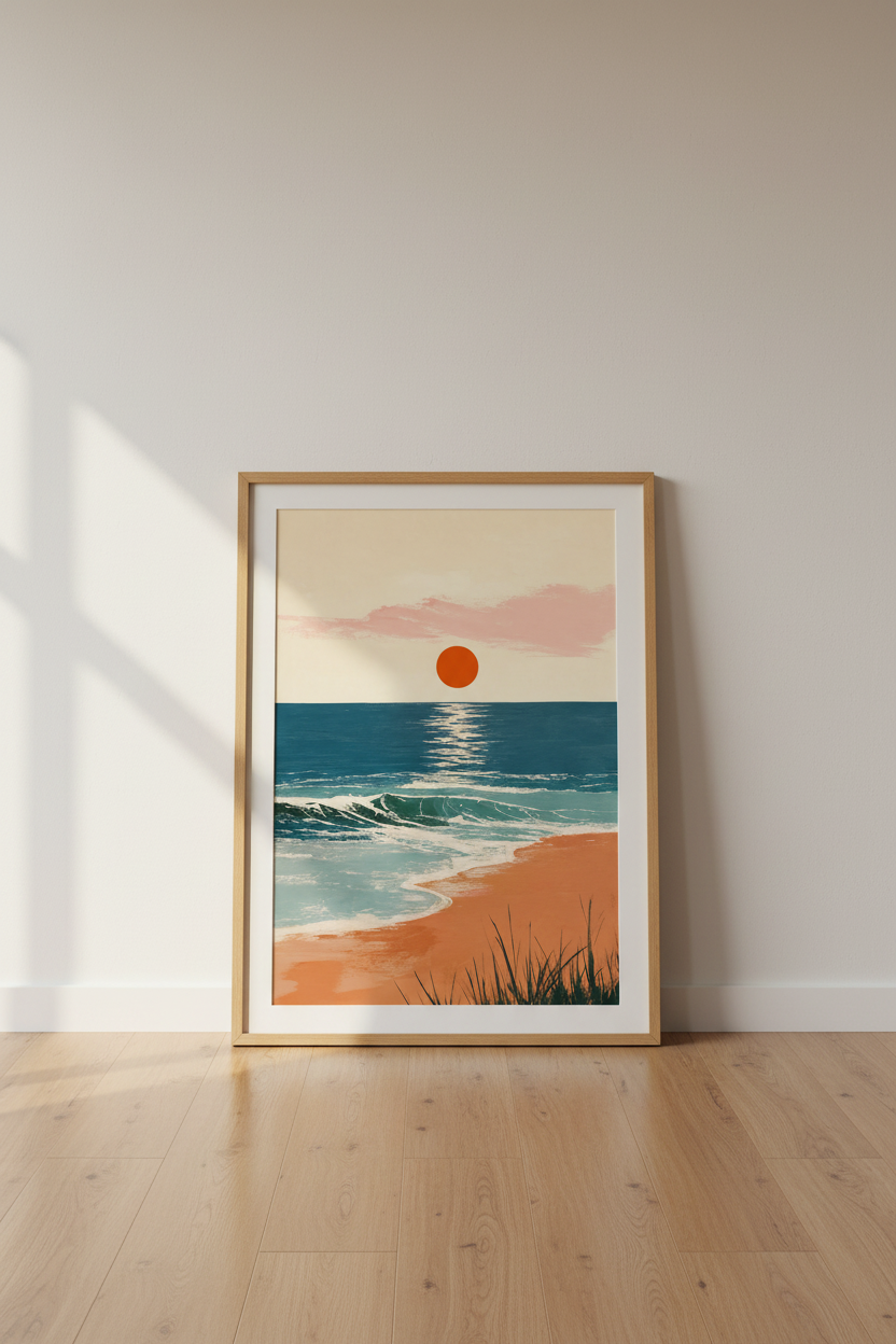 Abstract Sunset Beach Wall Art | Teal &amp; Orange Coastal Decor | Minimalist Ocean Poster