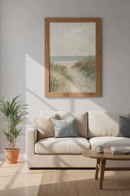 Coastal Path Beach Painting | Muted Neutral Landscape, Living Room Decor
