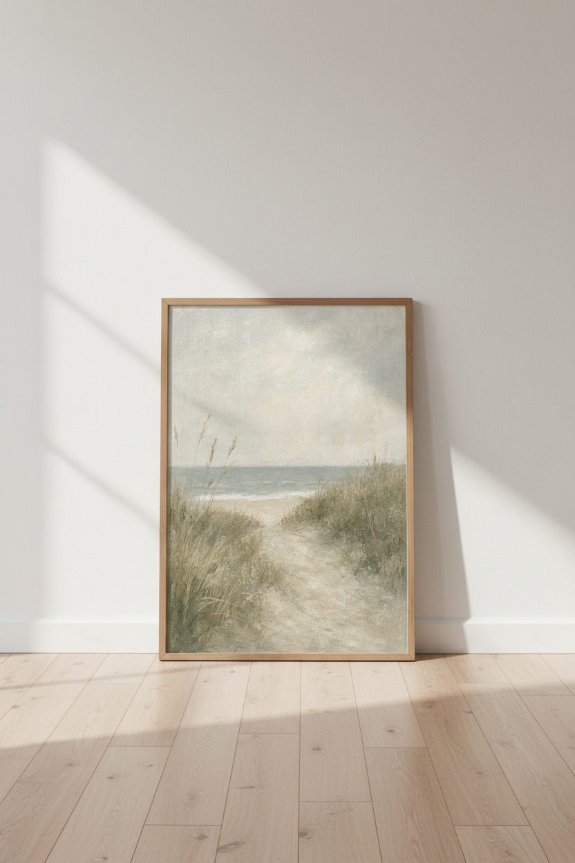 Coastal Path Beach Painting | Muted Neutral Landscape, Living Room Decor