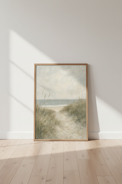 Coastal Path Beach Painting | Muted Neutral Landscape, Living Room Decor