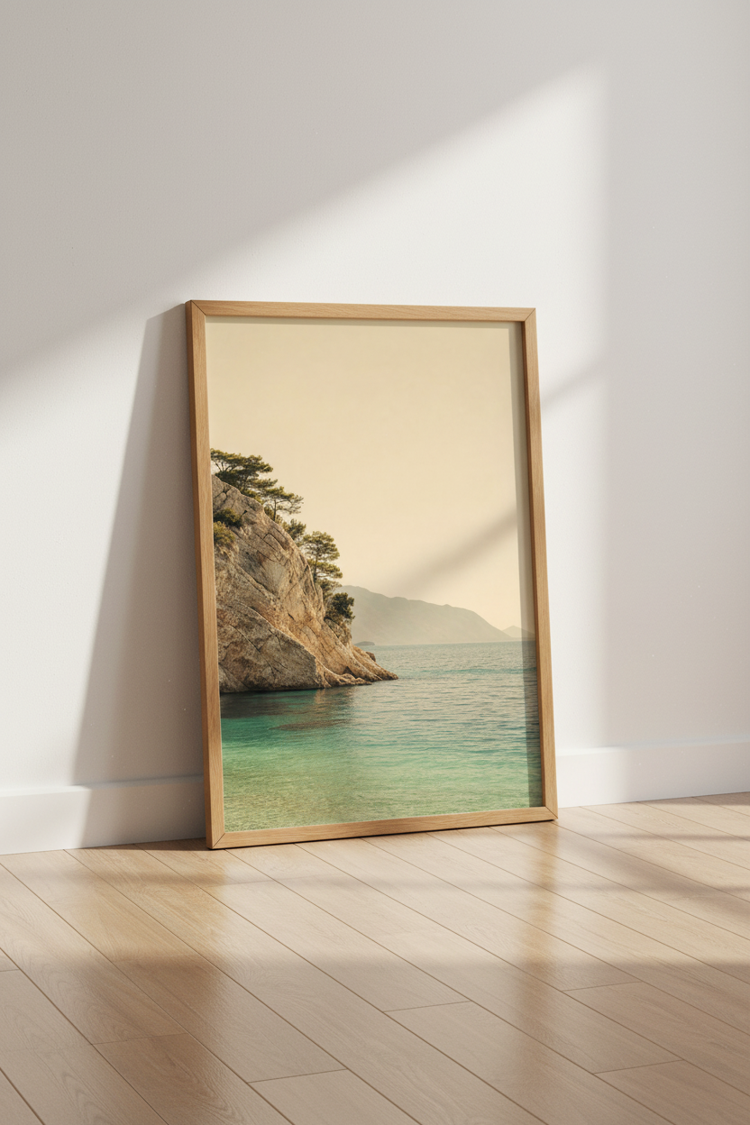 Mediterranean Coast Wall Art Print | Teal Ocean Cliff Decor | Minimalist Vintage Poster